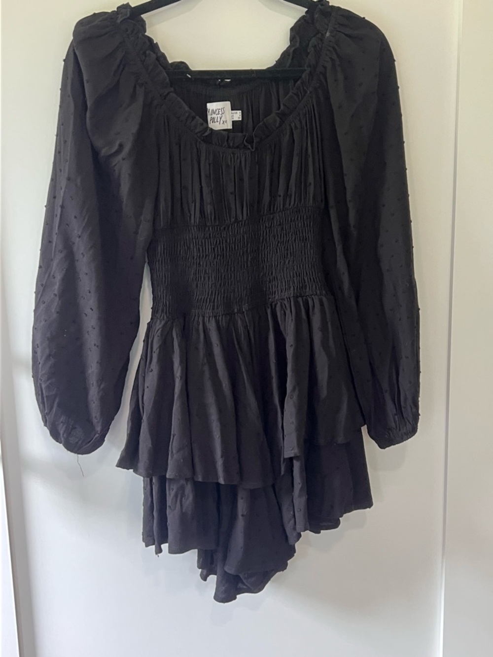 Black Swiss Dot Ruffle Long-Sleeve Mini Dress